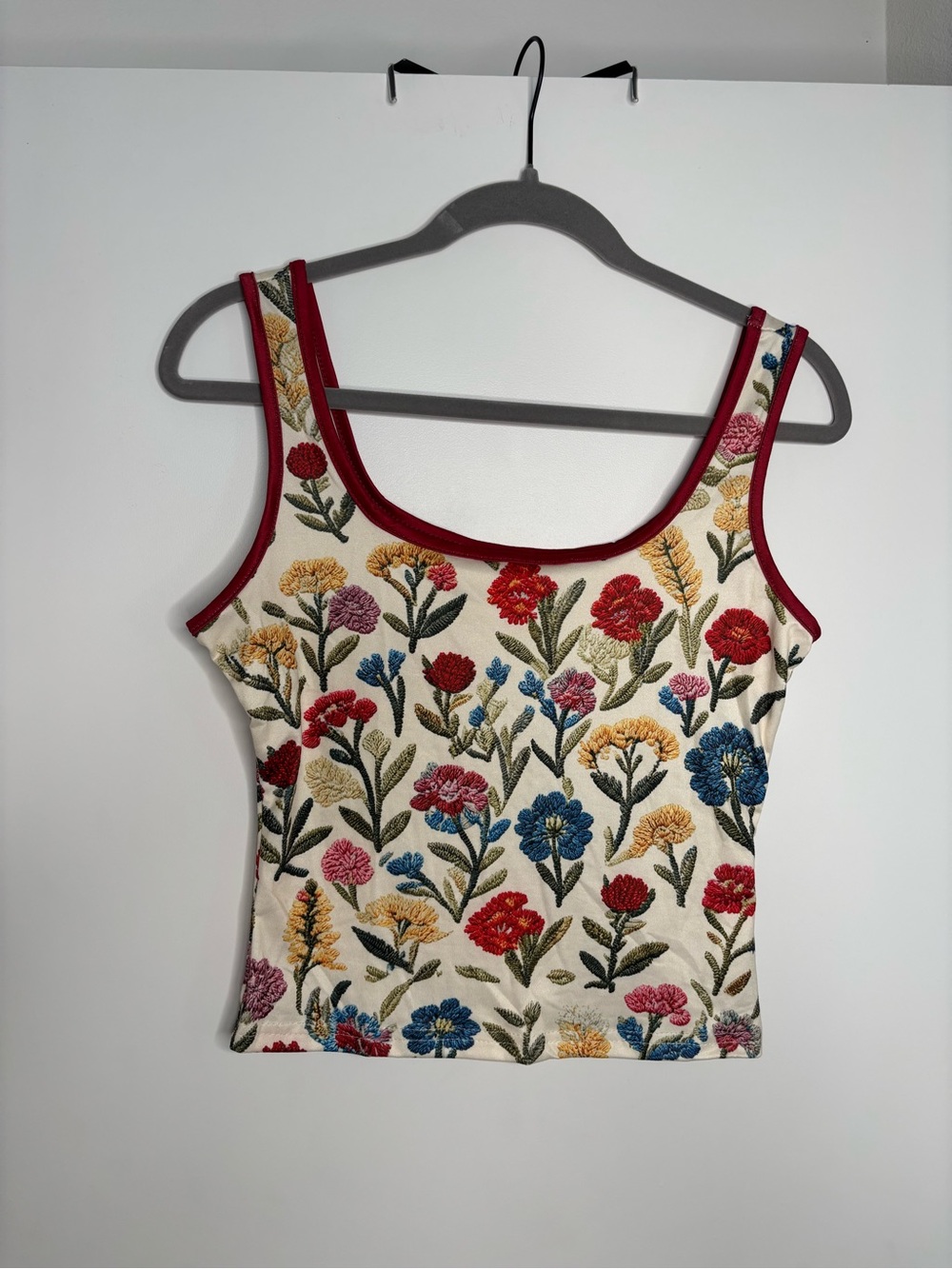 SHEIN Cream Floral Embroidered Tank with Red Trim